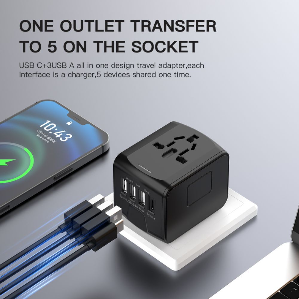 4 USB Universal Travel Adapter - Black