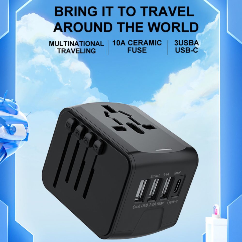 4 USB Universal Travel Adapter - Black