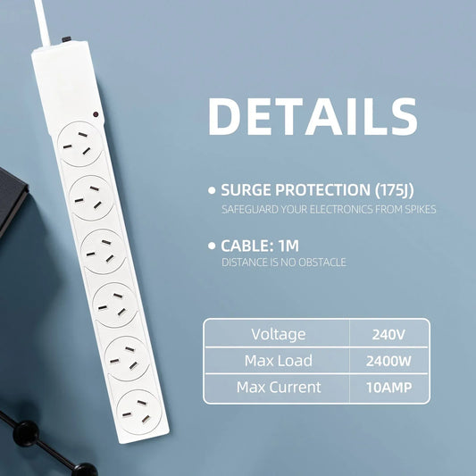 6-Outlet Power Board - Surge Protected - 1m