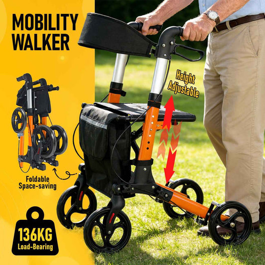 Foldable Aluminium Rollator Walker - Red - 8in Wheels