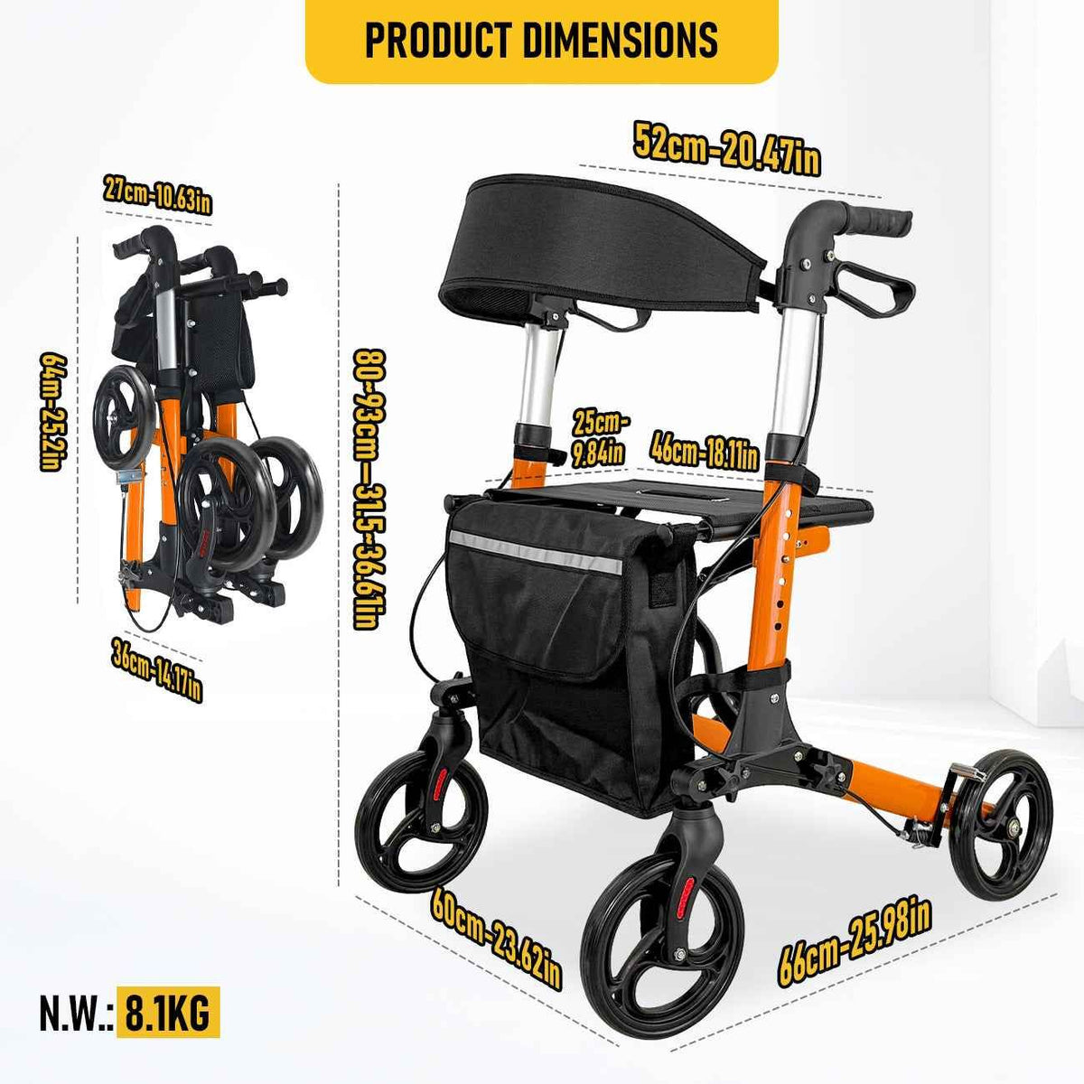 Foldable Aluminium Rollator Walker - Red - 8in Wheels