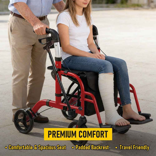 2-in-1 Aluminium Rollator Walker - Red - 136kg Capacity
