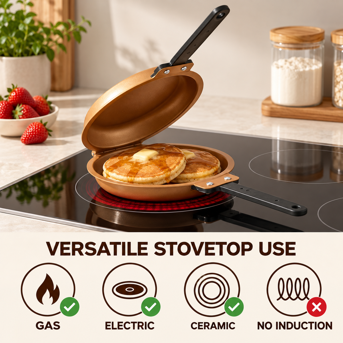 Double-Sided Non-Stick Frying Pan, Flip Pancake Pan with Heat-Resistant Handle for Eggs, Pancakes & Toast, Gas Electric & Ceramic Stoves