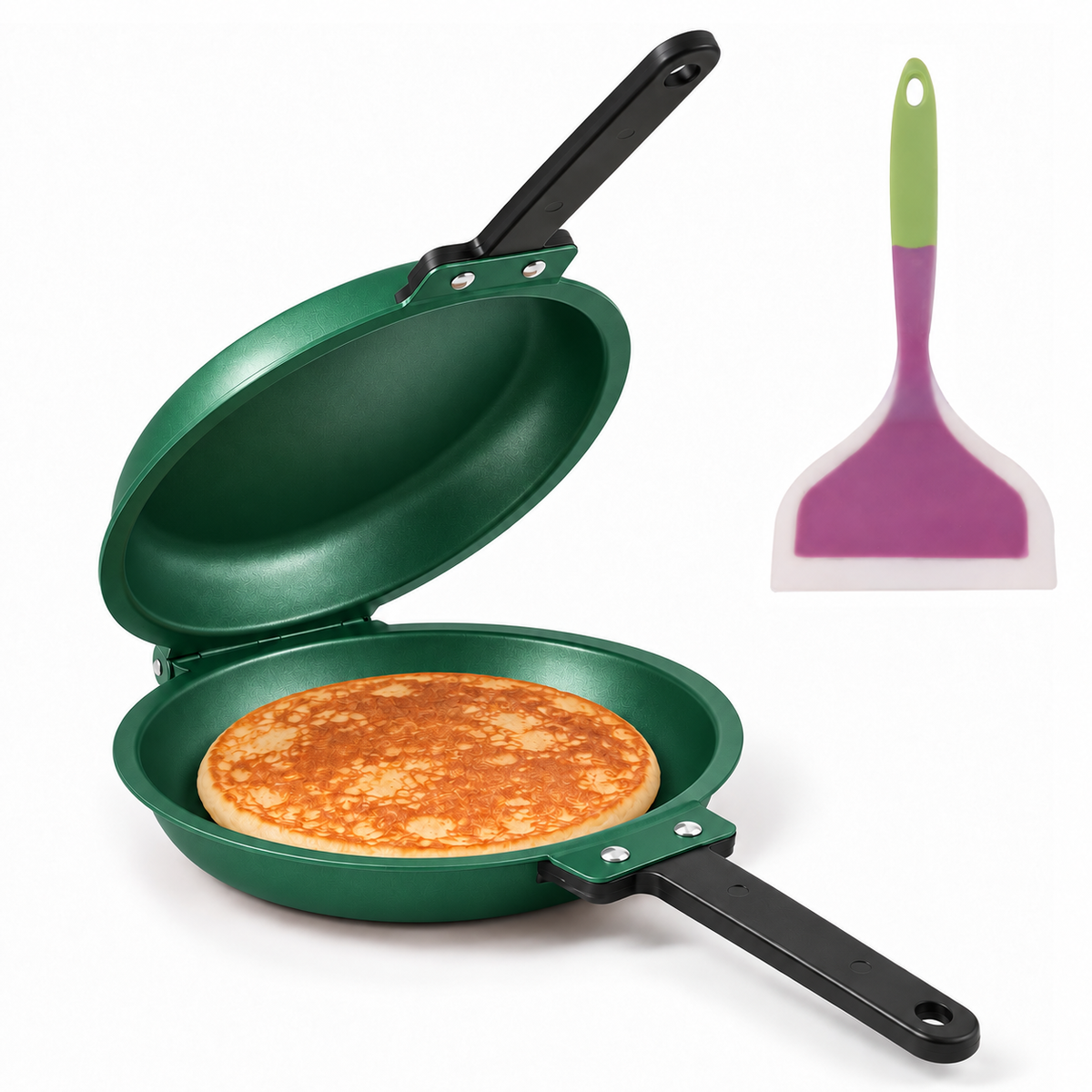 Double-Sided Non-Stick Frying Pan, Flip Pancake Pan with Heat-Resistant Handle for Eggs, Pancakes & Toast, Gas Electric & Ceramic Stoves-Green