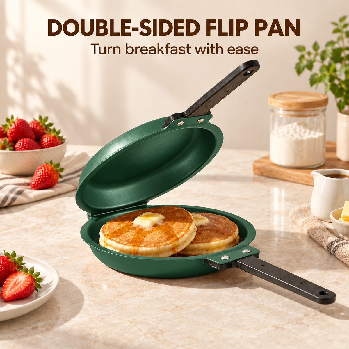 Double-Sided Non-Stick Frying Pan, Flip Pancake Pan with Heat-Resistant Handle for Eggs, Pancakes & Toast, Gas Electric & Ceramic Stoves-Green