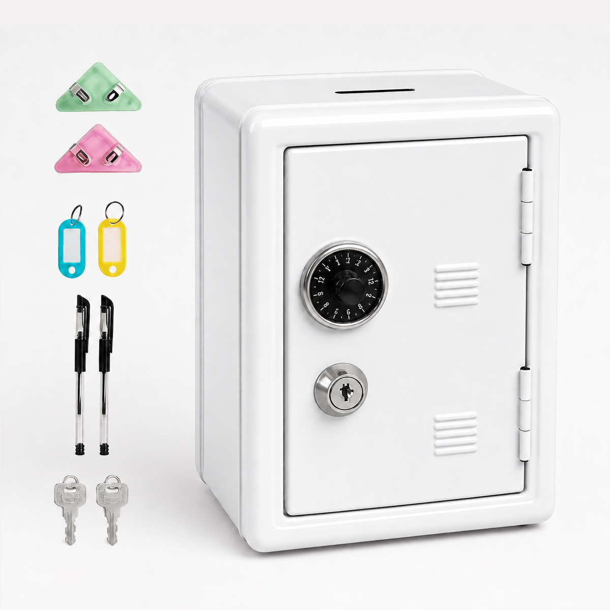 Lockable Metal Money Box, Cash & Coin Storage Box with Key Lock, Compact Piggy Bank for For Kids & Adults, Office & Small Valuables-White