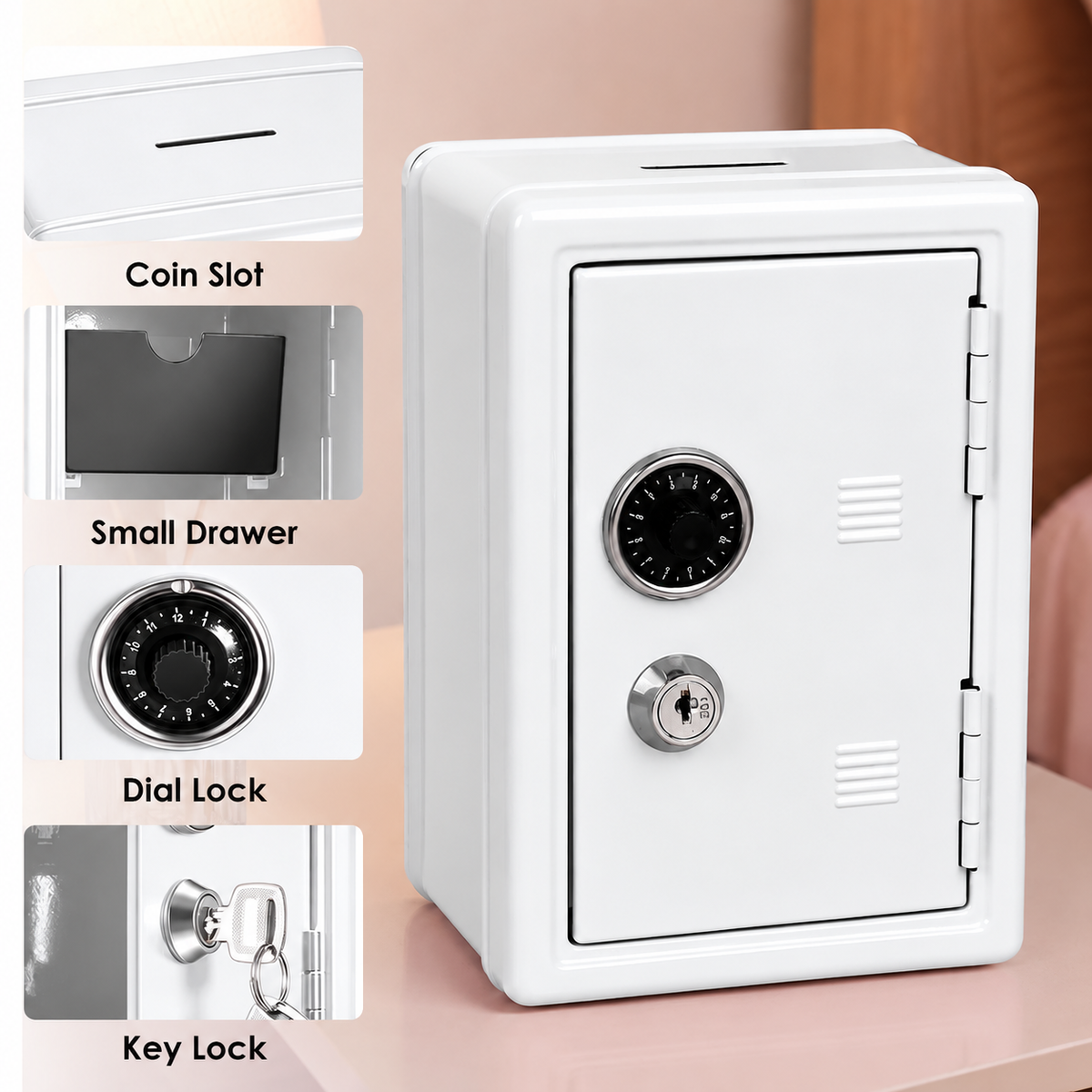 Lockable Metal Money Box, Cash & Coin Storage Box with Key Lock, Compact Piggy Bank for For Kids & Adults, Office & Small Valuables-White