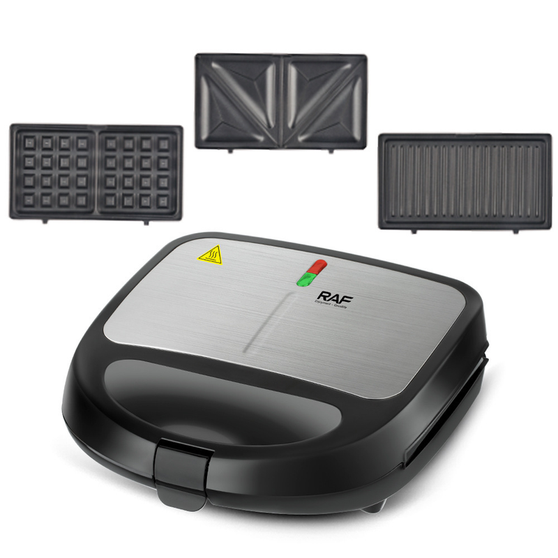 RAF R.214 Multi-functional Breakfast Maker 750W Double Sided Grill, 3 Interchangeable Plates for Sandwich/Waffle/Steak, Non-Stick Coating Wide Voltage 110-220V Household Electric Press Grill