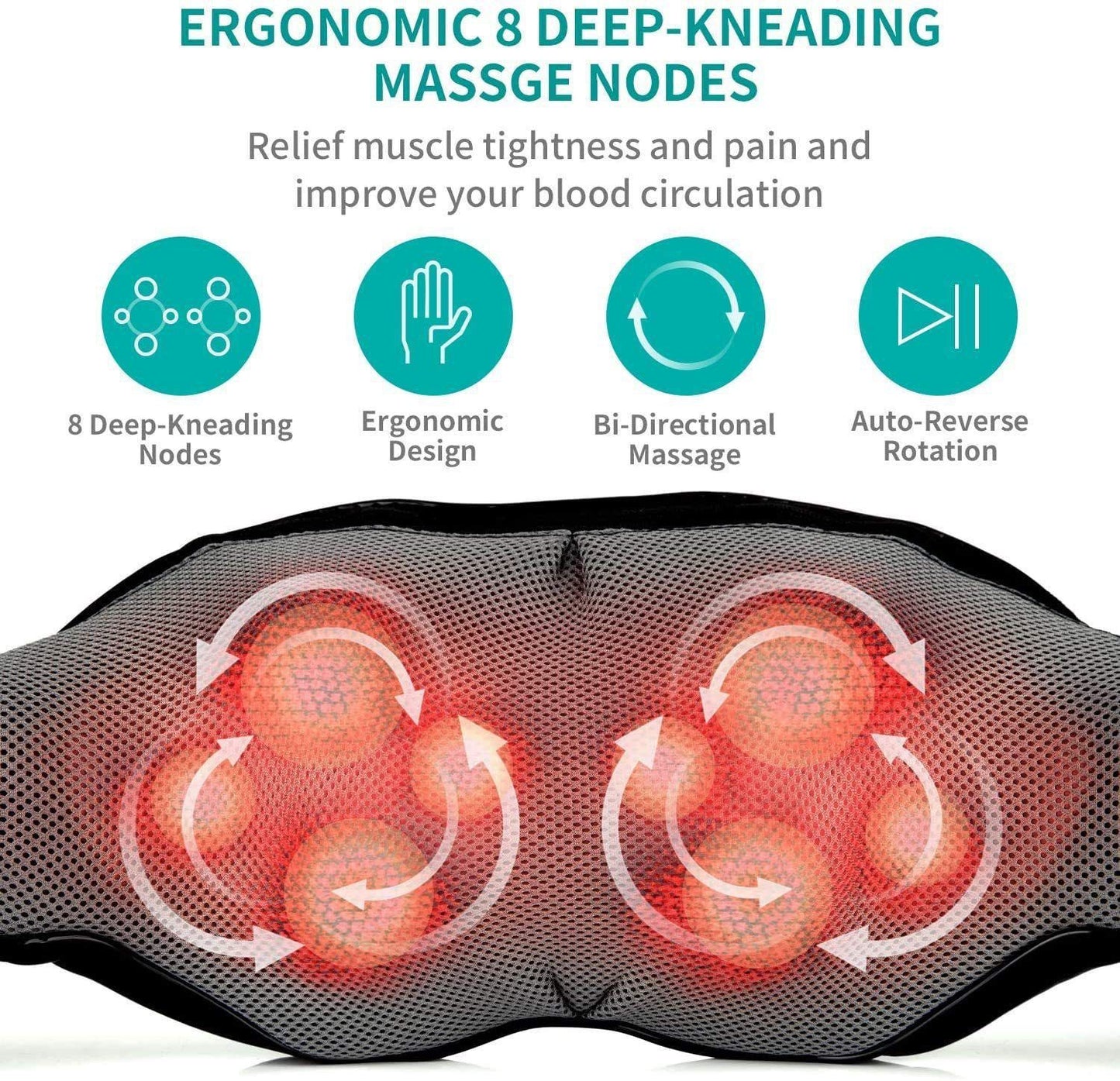 Shiatsu Neck Shoulder Massager with Red Light Heat, 8 Deep Kneading Nodes 3 Speed Bi-Directional Rotation Massage Shawl,  for Neck Back Waist Leg Home Office Car Use, AC & Car Adapters Included