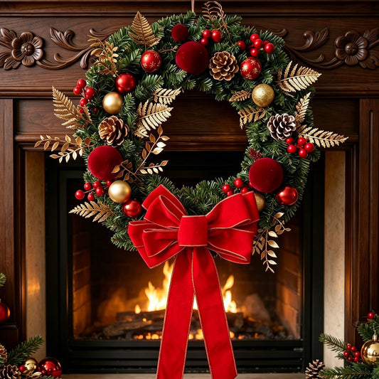 50cm Christmas Wreath with Red Bow - 2 Pack