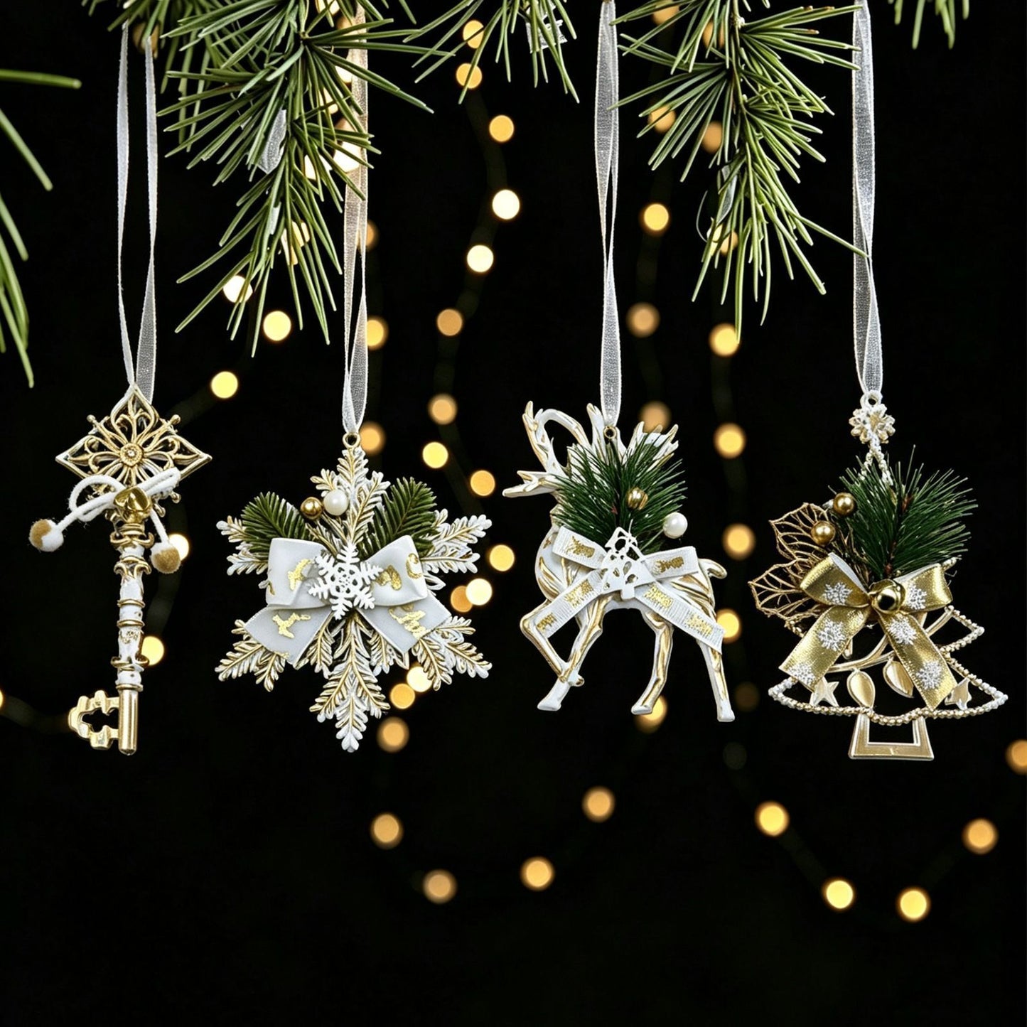 3pk White Gold Vintage Xmas Tree Hanging Ornament
