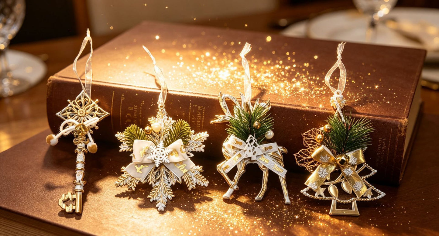 1pk White Gold Vintage Reindeer Xmas Bauble