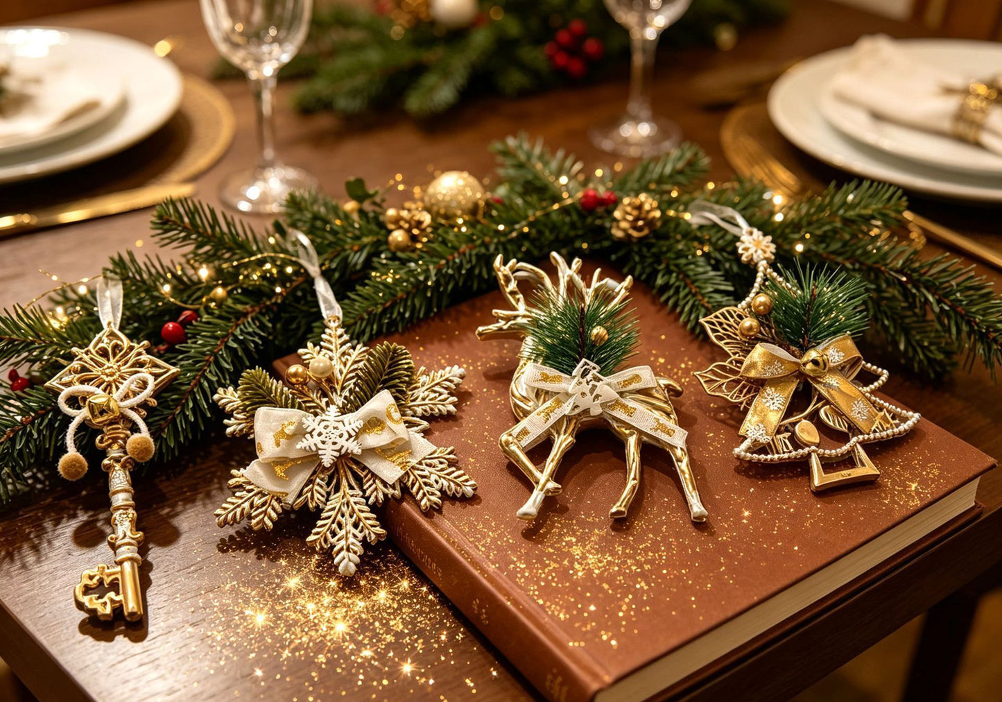 1pk White Gold Vintage Reindeer Xmas Bauble