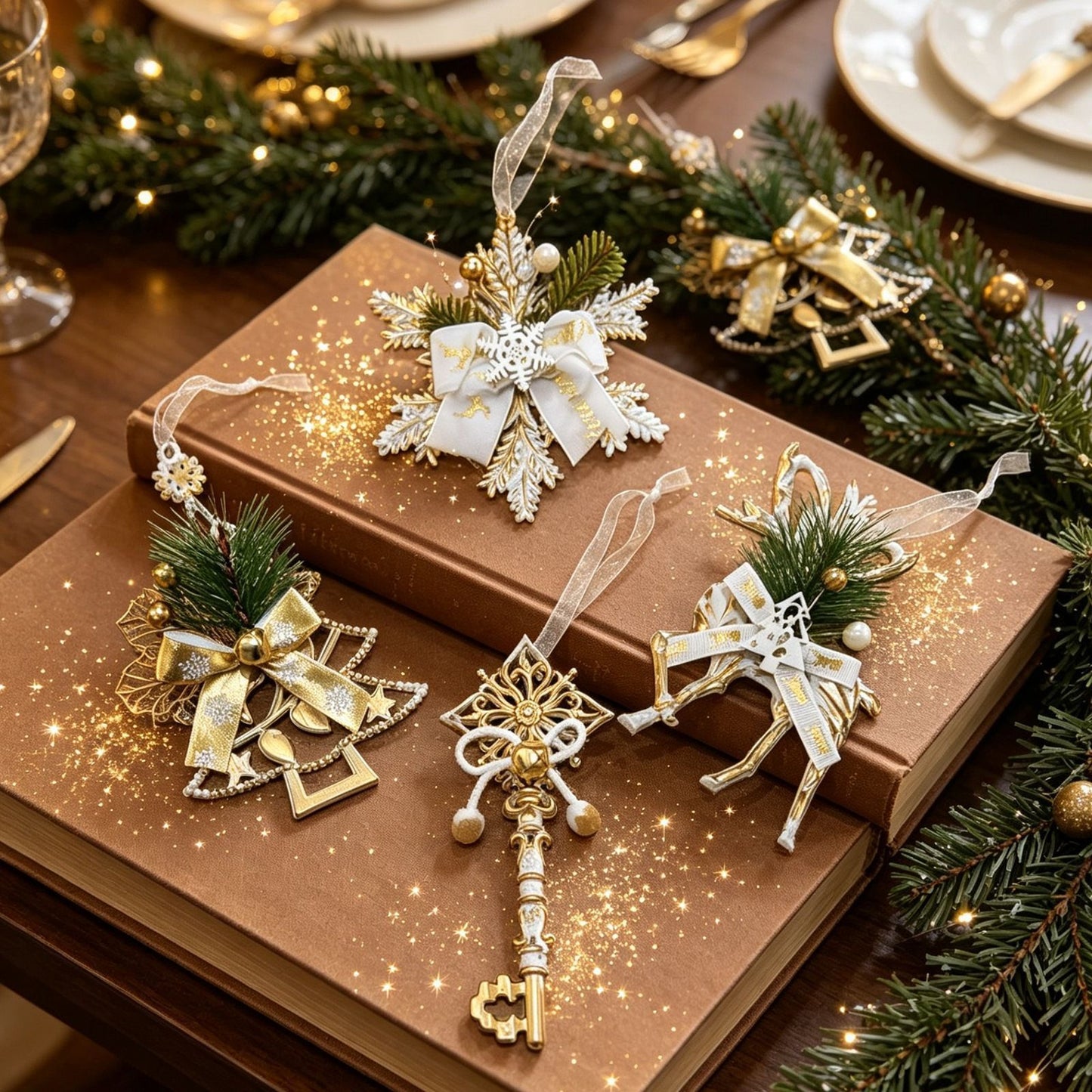 1pk White Gold Vintage Key Xmas Tree Ornament
