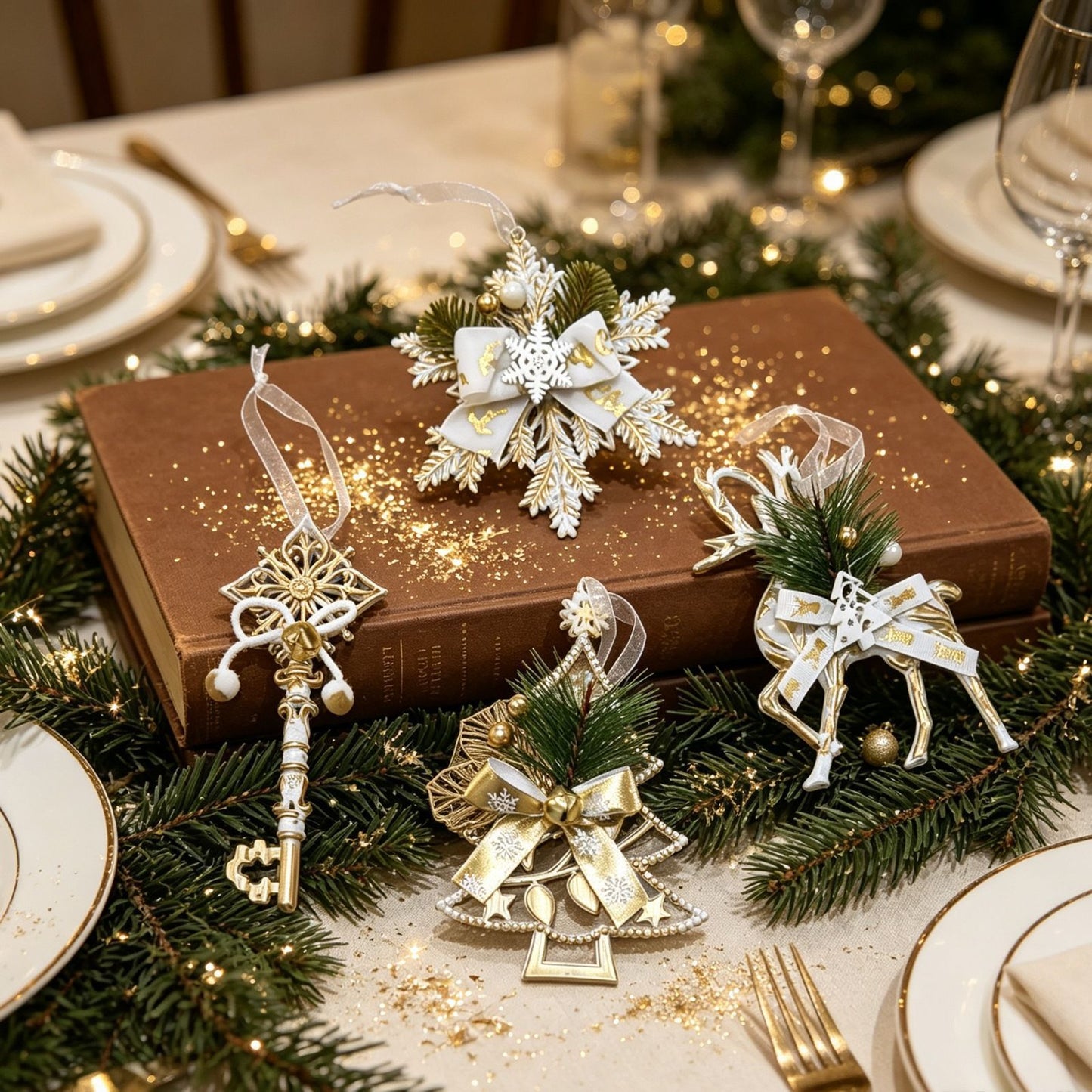 4pk Assorted White Gold Xmas Ornaments (Tree/Reindeer/Snowflake/Key)