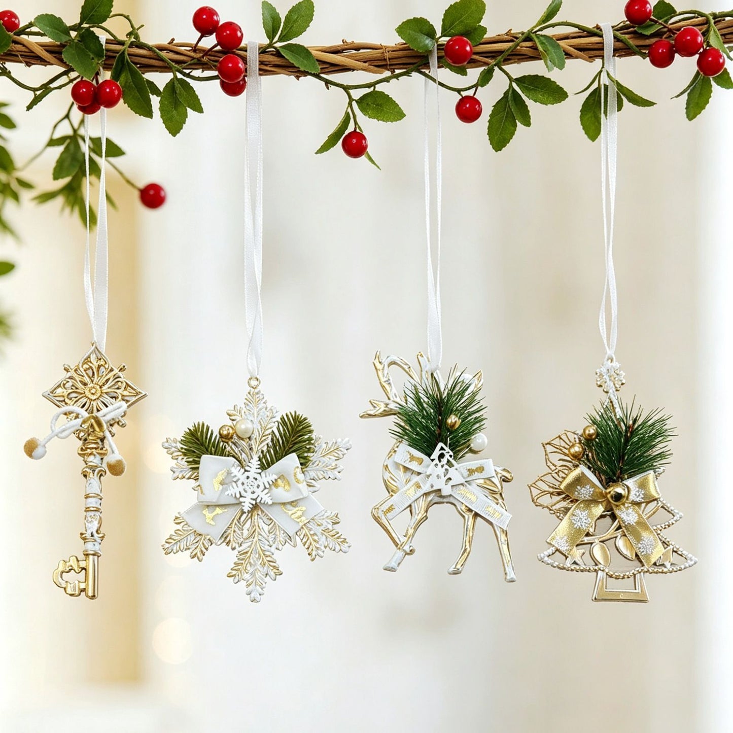 12pk Mixed White Gold Xmas Tree Baubles All 4 Designs Pack