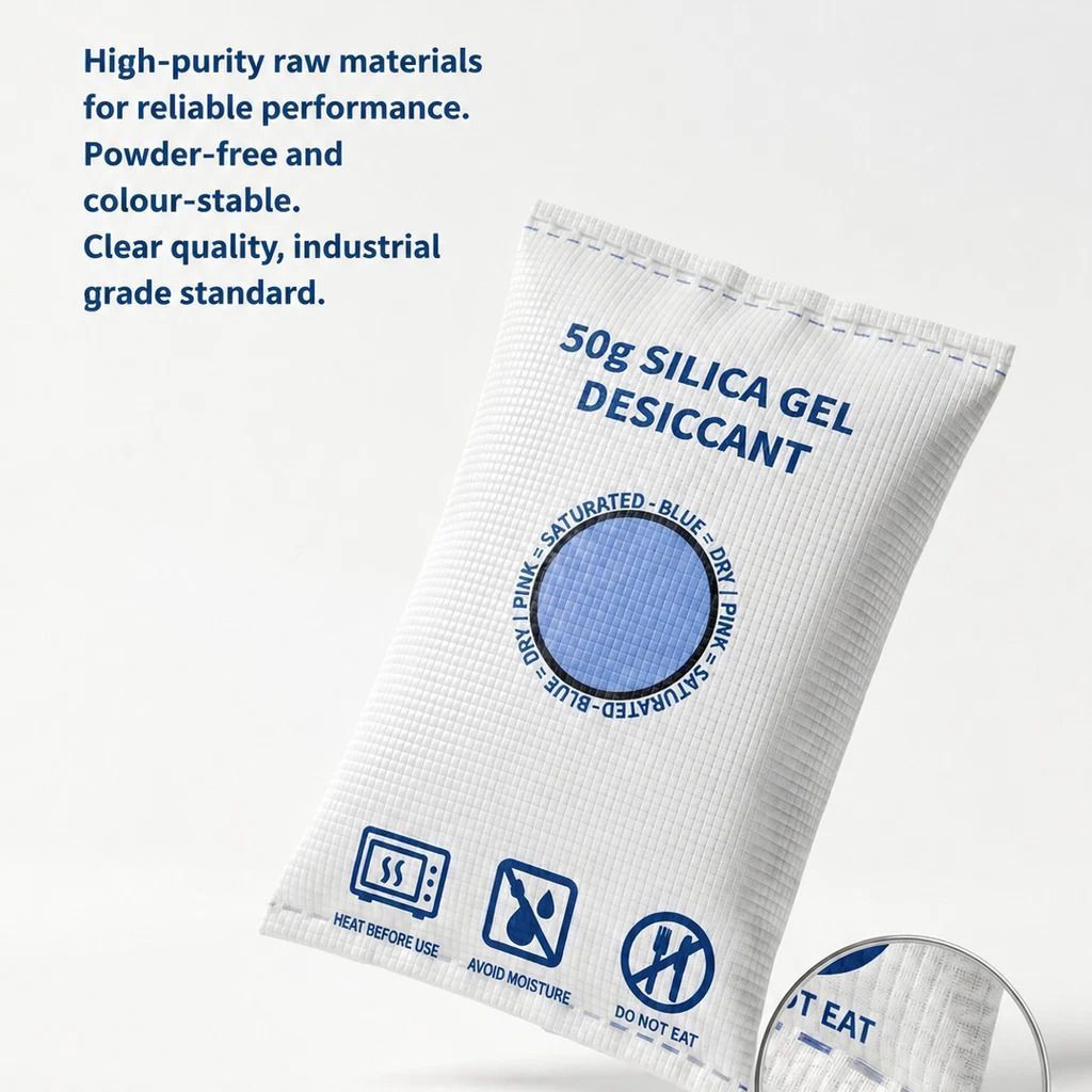 Cobalt Free Flat Top White Silica Gel Desiccant, Moisture Absorbing Sachets, 50g Two Pack