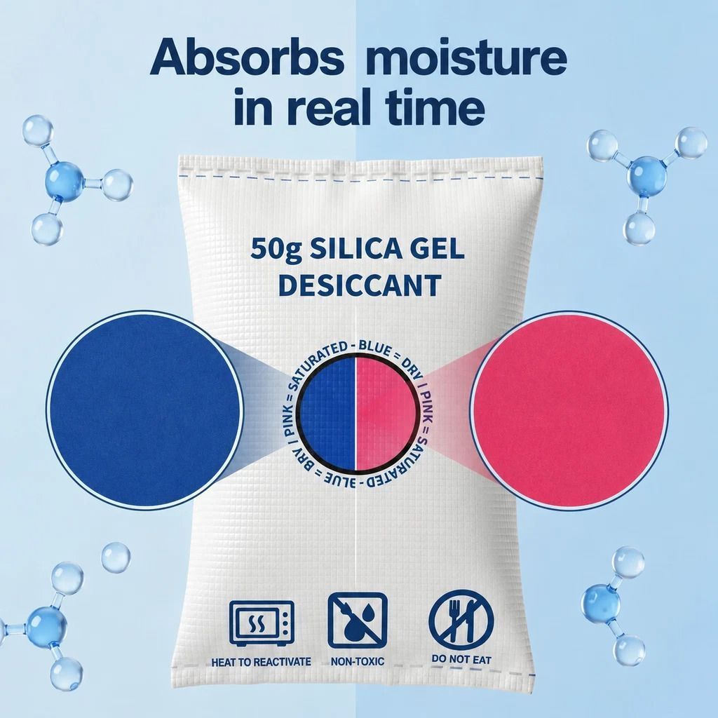 Cobalt Free Flat Top White Silica Gel Desiccant, Moisture Absorbing Sachets, 50g Two Pack