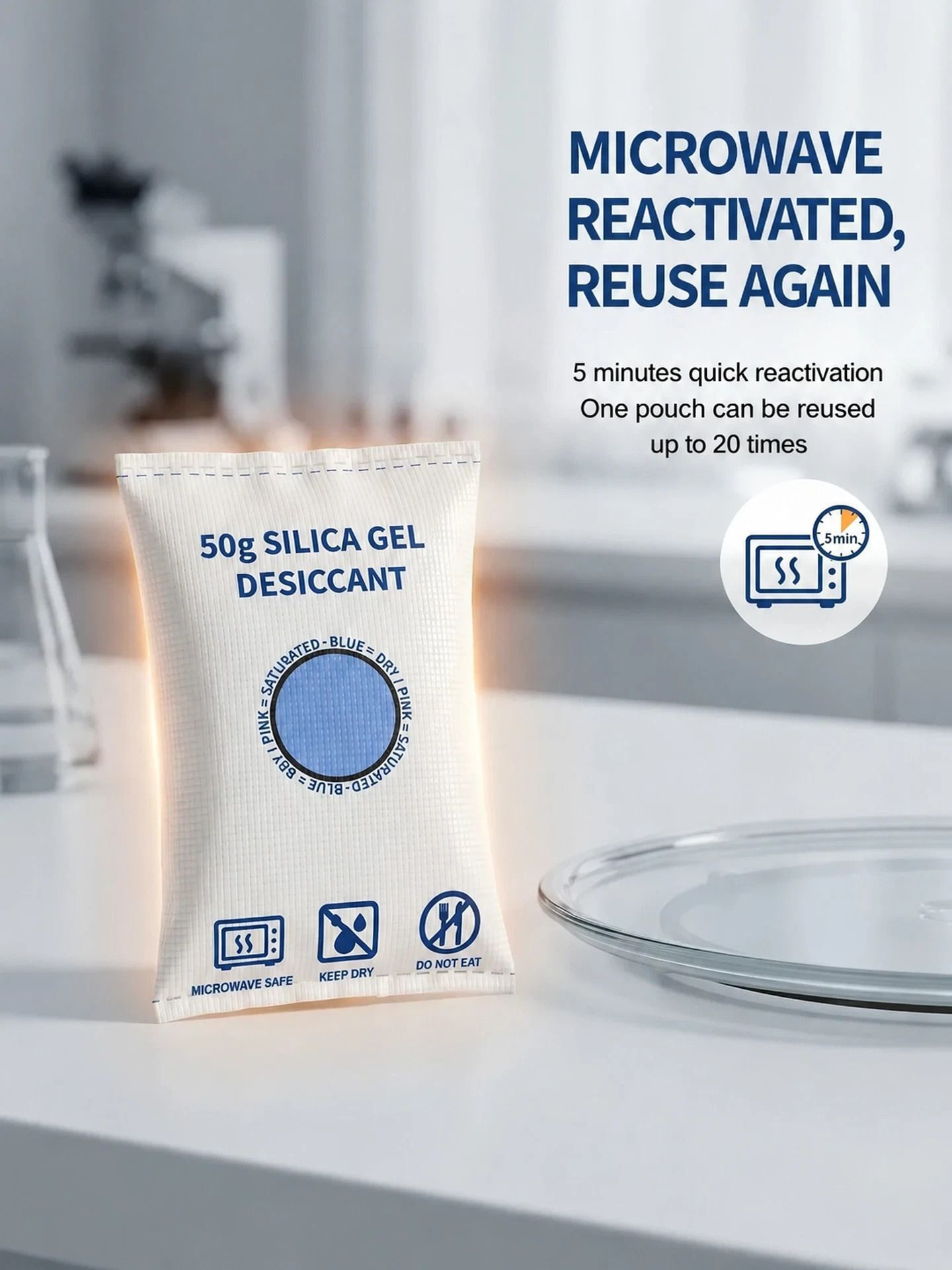 Cobalt Free Flat Top White Silica Gel Desiccant, Moisture Absorbing Sachets, 50g Two Pack