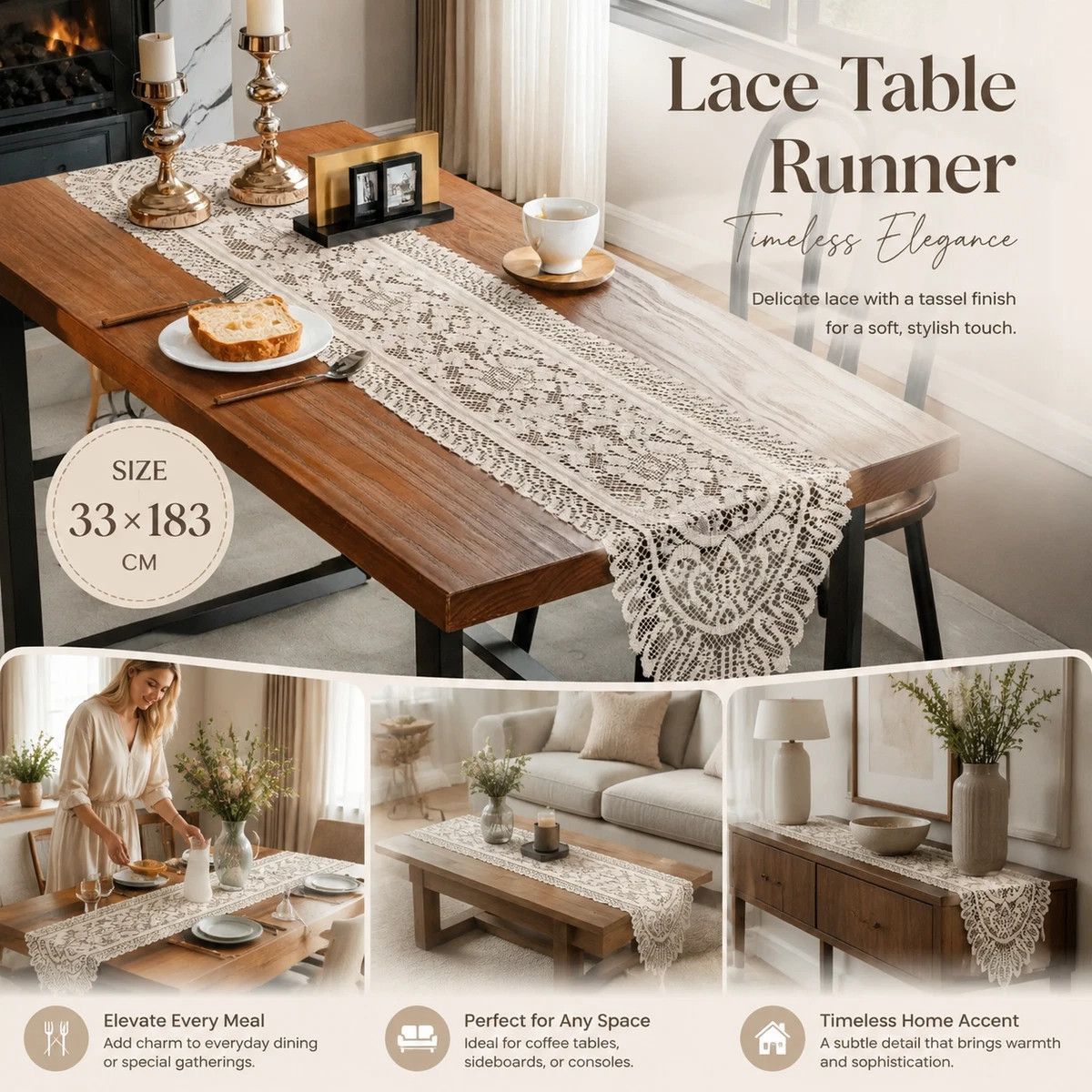 Lace Table Runner - Beige 33 x 183cm