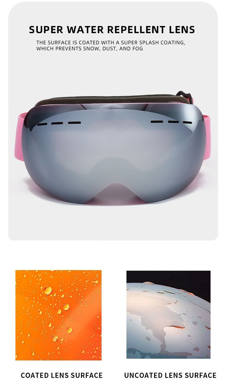 Spherical Ski Goggles, Anti-Fog UV Protective Snowboard Eyewear, Windproof Outdoor Snow Glasses For Men & Women, Pink Strap Grey Lens, Lovely Winter Travel Gift