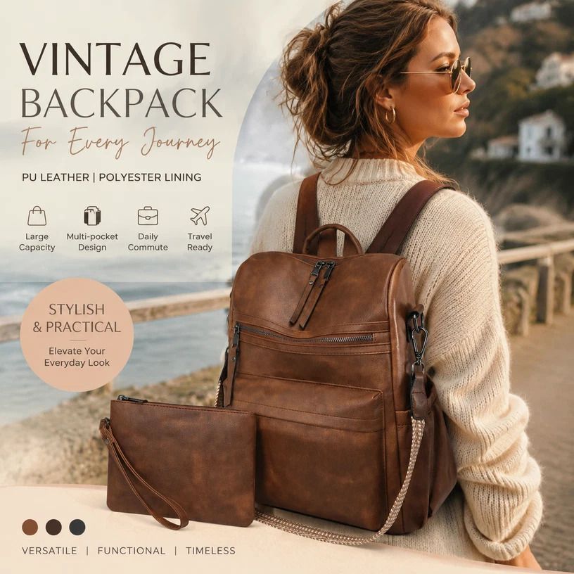 Women's Vintage Backpack Set - Brown