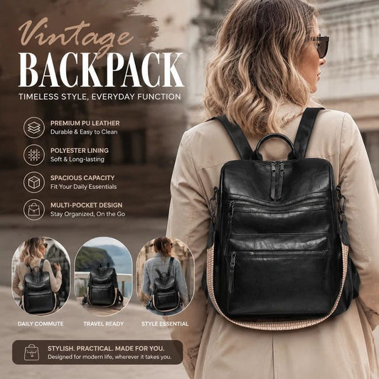 Women's Retro Multi-Pocket Backpack - Black