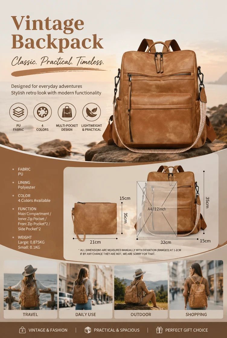 Women's Retro Multi-Pocket Backpack - Black