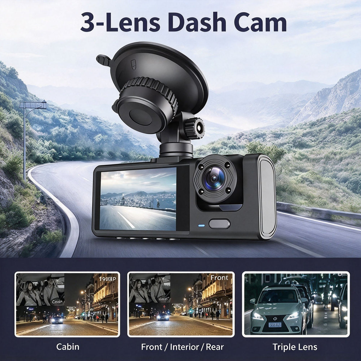 2‑Inch Screen Triple‑Lens Car DVR Front Interior Rear With 32G Memory Card HD Night‑Vision Parking Surveillance Recording, Ideal Xmas Present For Driver Auto Holiday Accessory