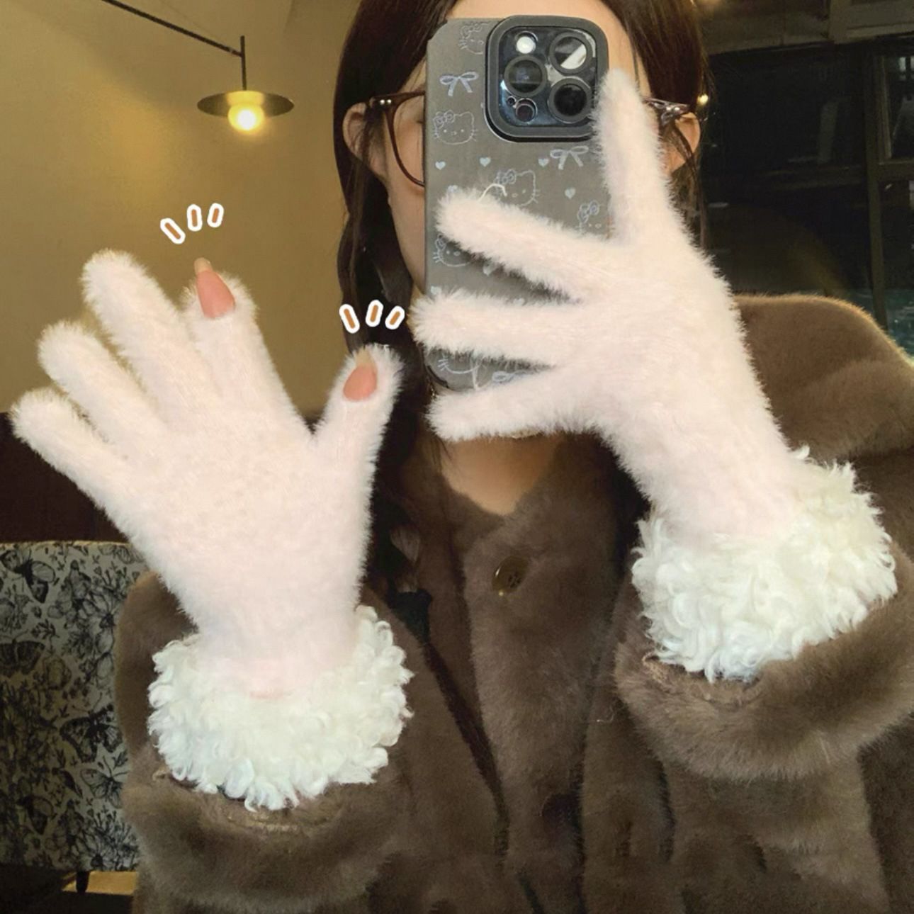 Faux Mink Spliced Gloves - Beige