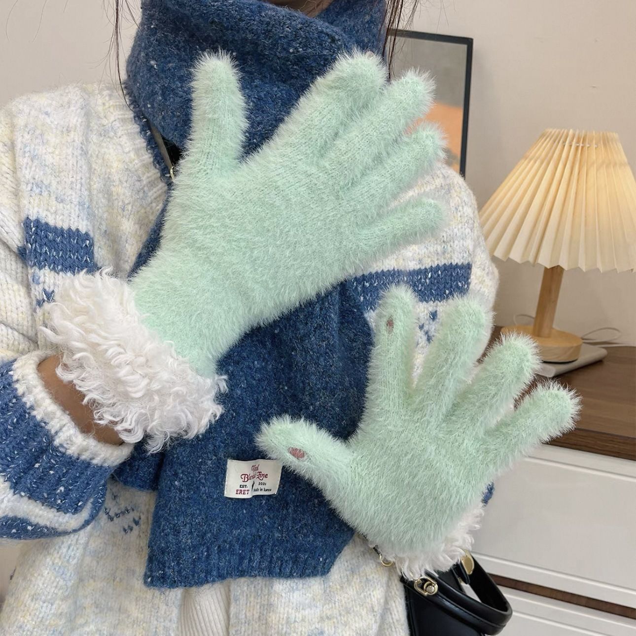 Faux Mink Spliced Gloves - Beige