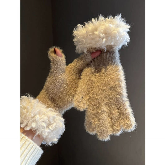 Faux Mink Spliced Gloves - Khaki