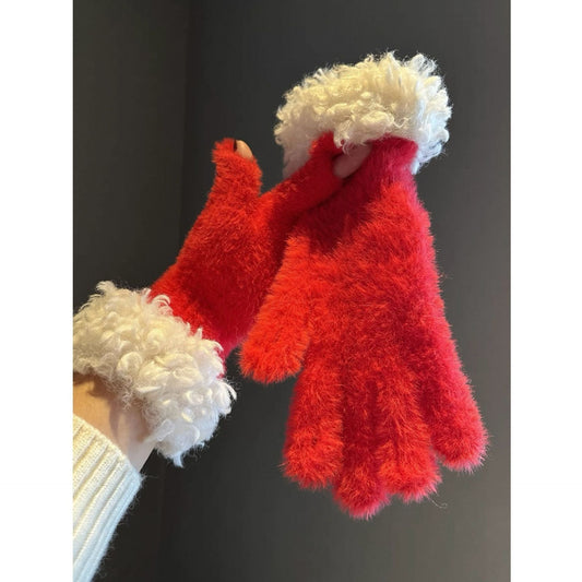 Faux Mink Spliced Gloves - Red
