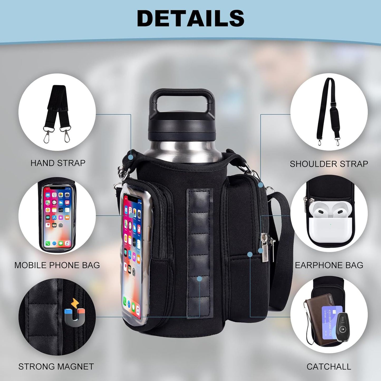 Magnetic Fitness Water Bottle Bag - Blue