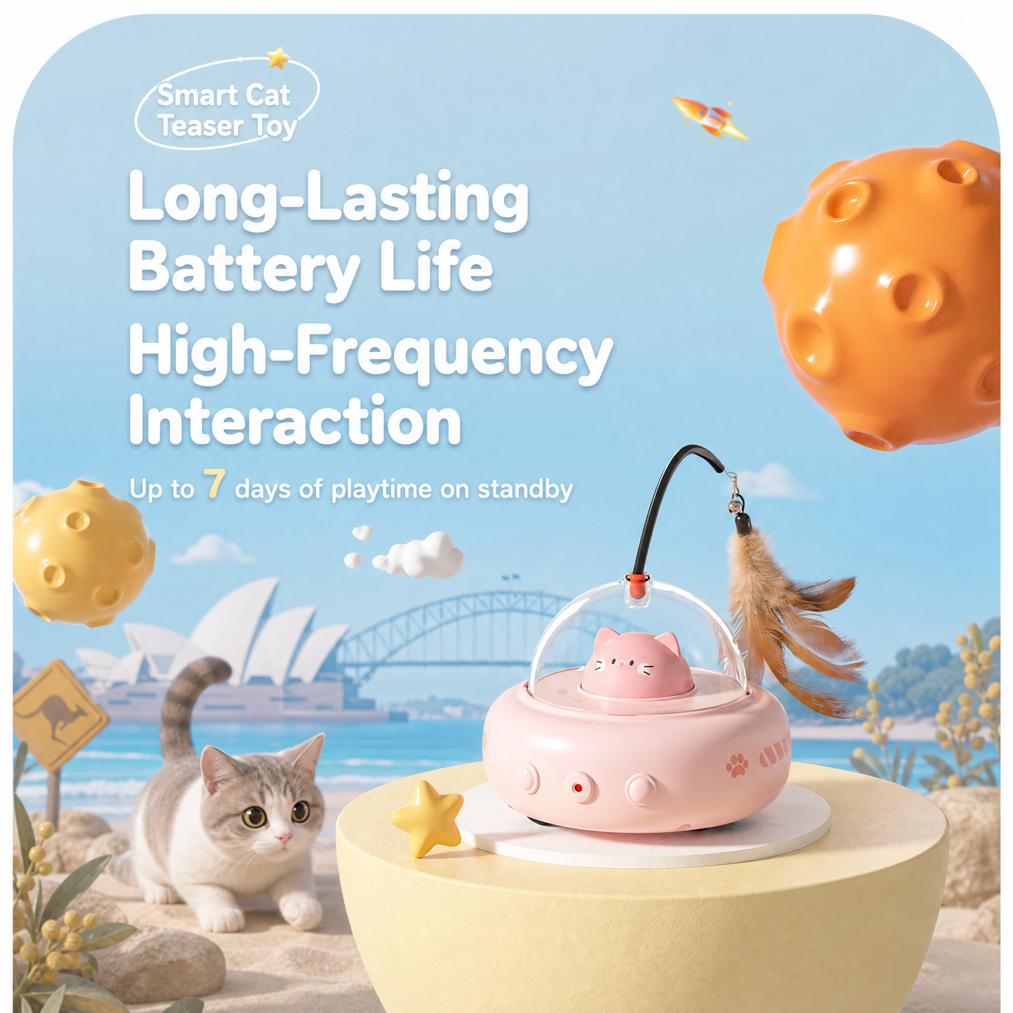 Rechargeable Smart Cat Teaser Toy with Feather Wand