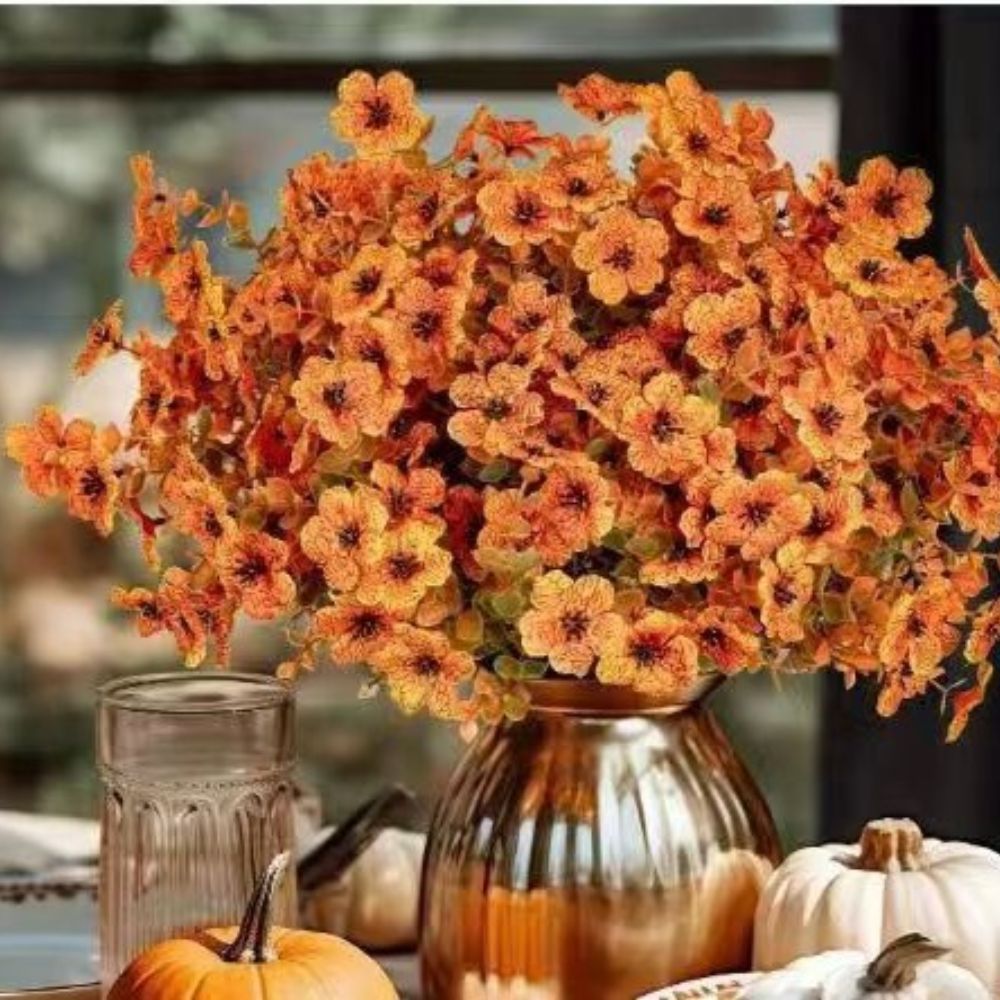 6PCS Realistic Artificial Autumn Floral Picks, Faux Orange Daisy & Eucalyptus Stems, Farmhouse Fall Harvest Table Centrepiece Decor