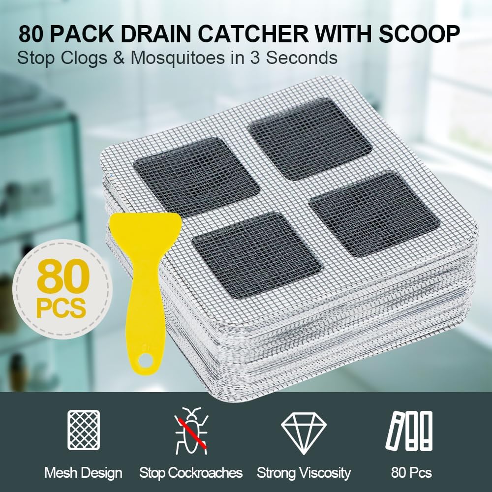 80PCS 4"x4" Disposable Hair Drain Stickers, Anti-Blocking Filter Screen Self
