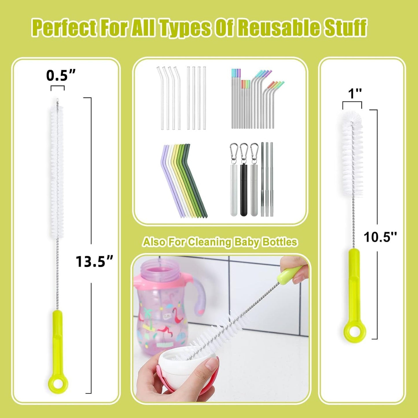 Bottle Cleaning Brush Set - Long Handle Bottle Cleaner for Washing