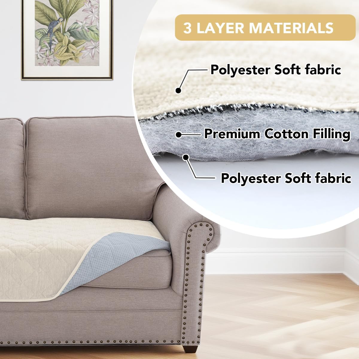 Couch Cover Chenille Pet Fuzzy Sofa Covers for 3 Cushion Anti Slip Washable Slipcovers with Strap Soft Protector Dogs Cats Kids(36" x 82", Ivory) Ivory 36" 82"