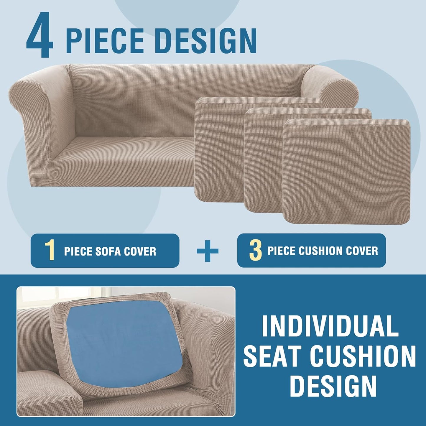 4 Piece Stretch Chesterfield Sofa Slipcovers Mid Century Deep Seat Covers Washable (Base Cover Plus 3 Cushion Covers) Thicker Jacquard Fabric (Large Sofa, Sand) Sand Large