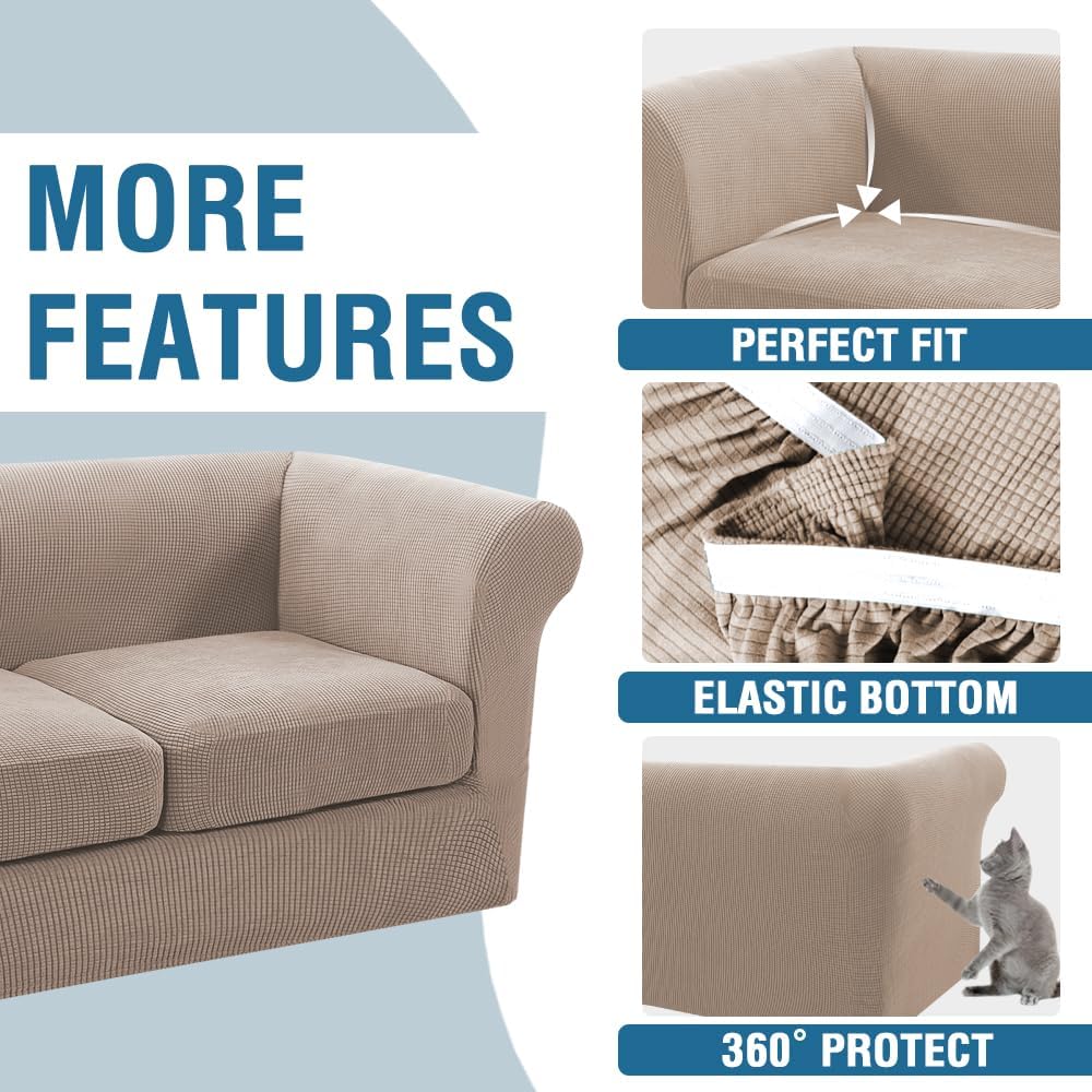 4 Piece Stretch Chesterfield Sofa Slipcovers Mid Century Deep Seat Covers Washable (Base Cover Plus 3 Cushion Covers) Thicker Jacquard Fabric (Large Sofa, Sand) Sand Large