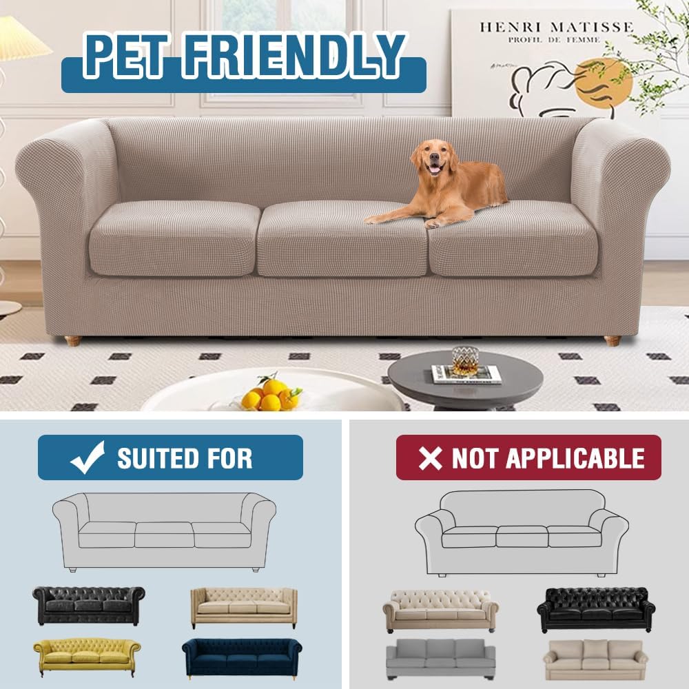 4 Piece Stretch Chesterfield Sofa Slipcovers Mid Century Deep Seat Covers Washable (Base Cover Plus 3 Cushion Covers) Thicker Jacquard Fabric (Large Sofa, Sand) Sand Large