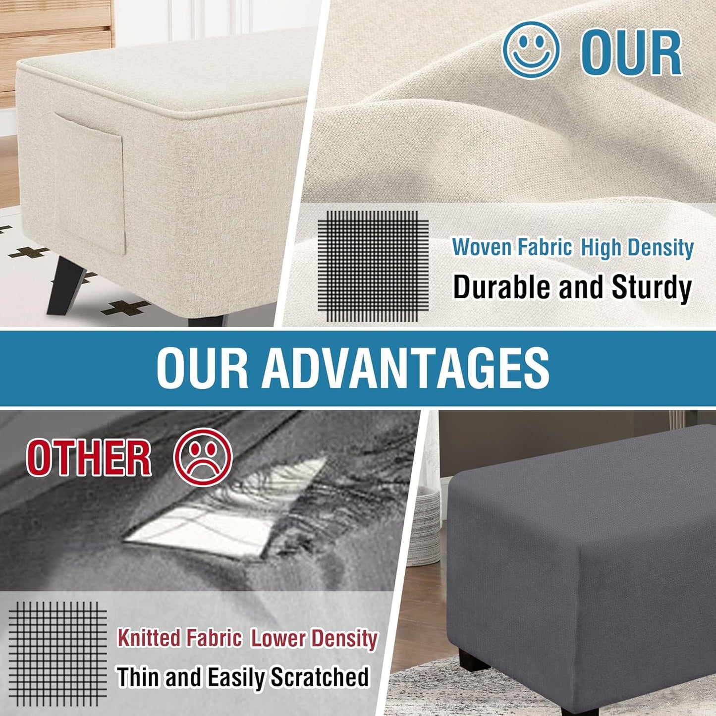 Thick Durable Linen Look Ottoman Cover Folding Storage Stool Furniture Protector Soft Rectangle Slipcover with Elastic Bottom Fit Length 43"-44" Footrest Washable - Heather Ivory Rectangle:X-large