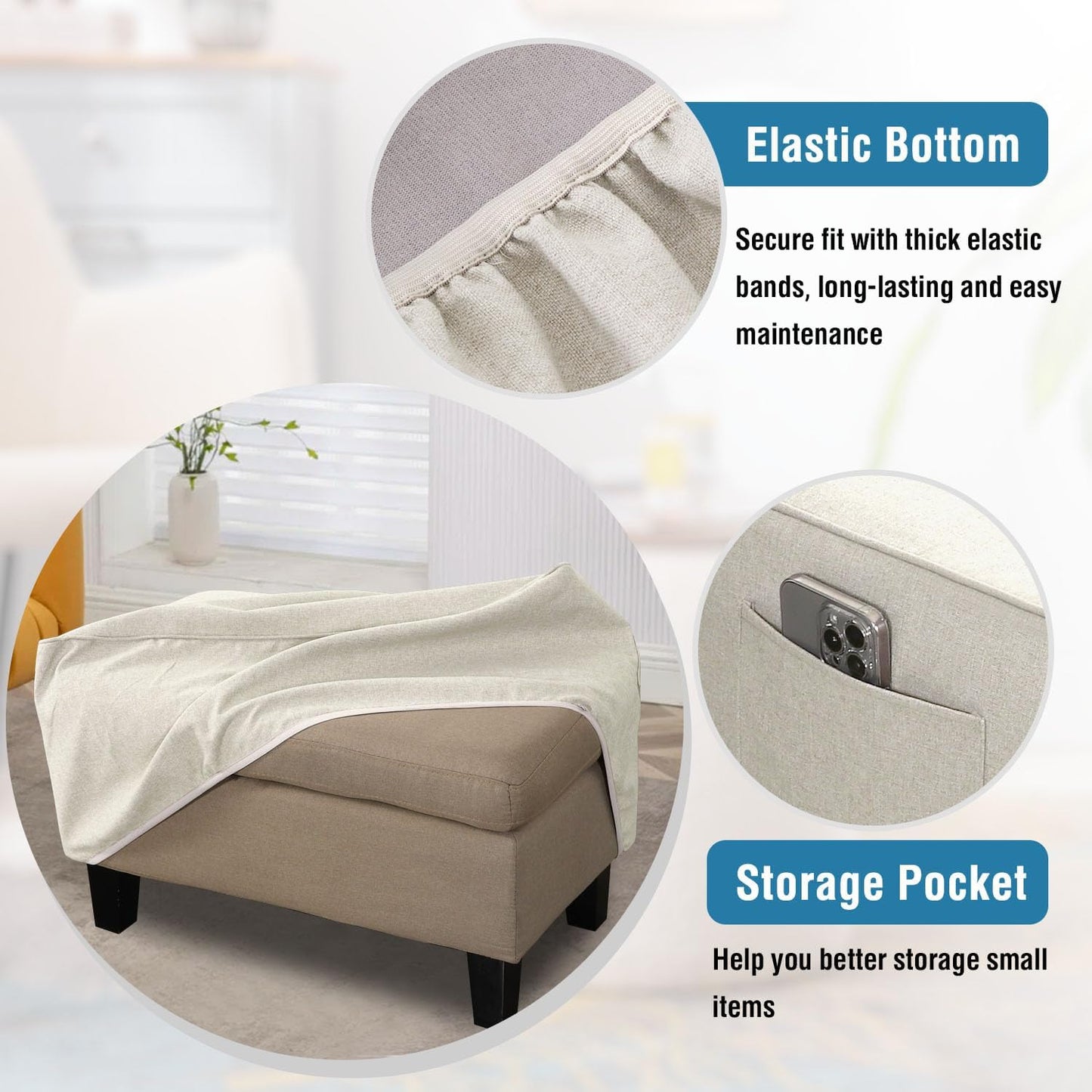 Thick Durable Linen Look Ottoman Cover Folding Storage Stool Furniture Protector Soft Rectangle Slipcover with Elastic Bottom Fit Length 43"-44" Footrest Washable - Heather Ivory Rectangle:X-large