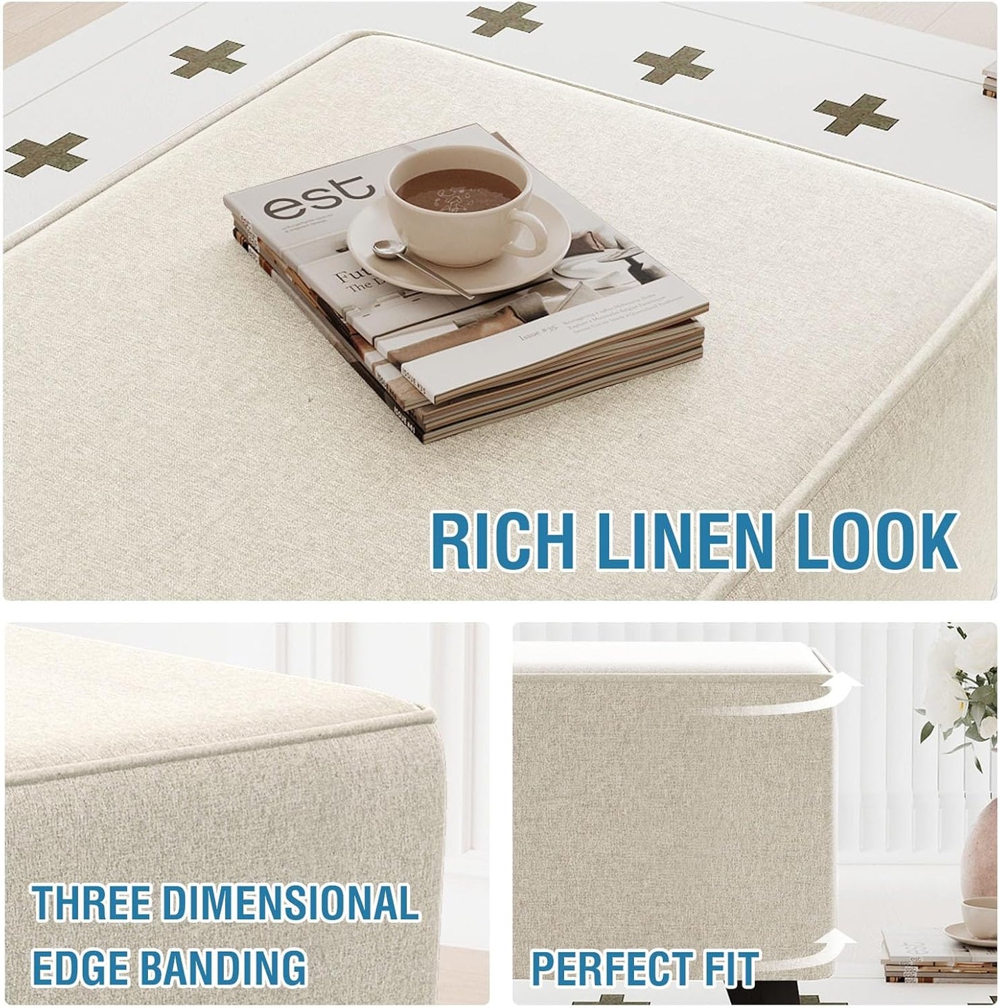 Thick Durable Linen Look Ottoman Cover Folding Storage Stool Furniture Protector Soft Rectangle Slipcover with Elastic Bottom Fit Length 43"-44" Footrest Washable - Heather Ivory Rectangle:X-large