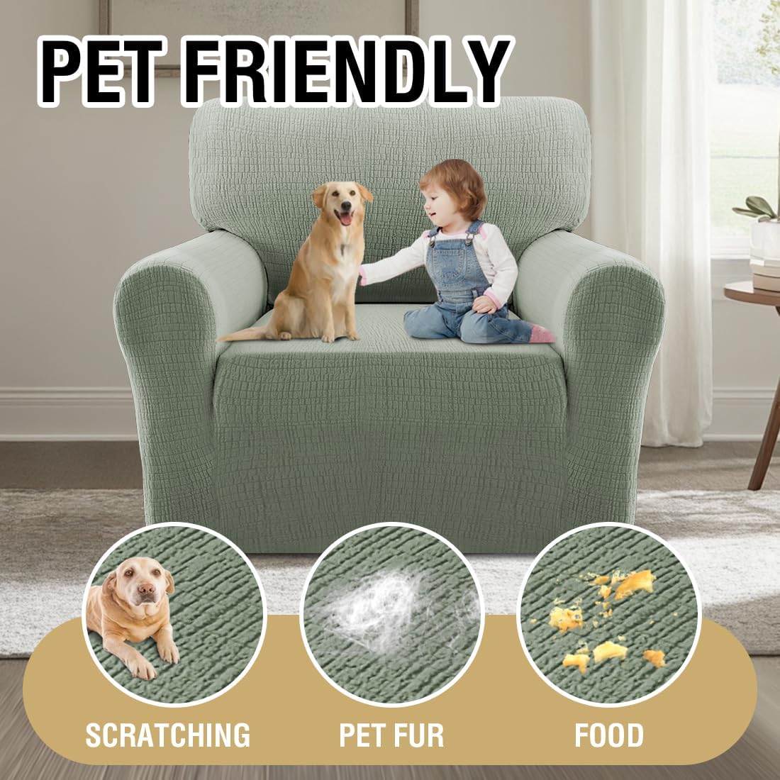 Jacquard Sofa Slipcover with Waterproof Seat Furniture Protector 1 Piece Stretch Covers Elastic Bottom for Kids, Pets, Dog(Armchair, Sea Grass) Grass Armchair