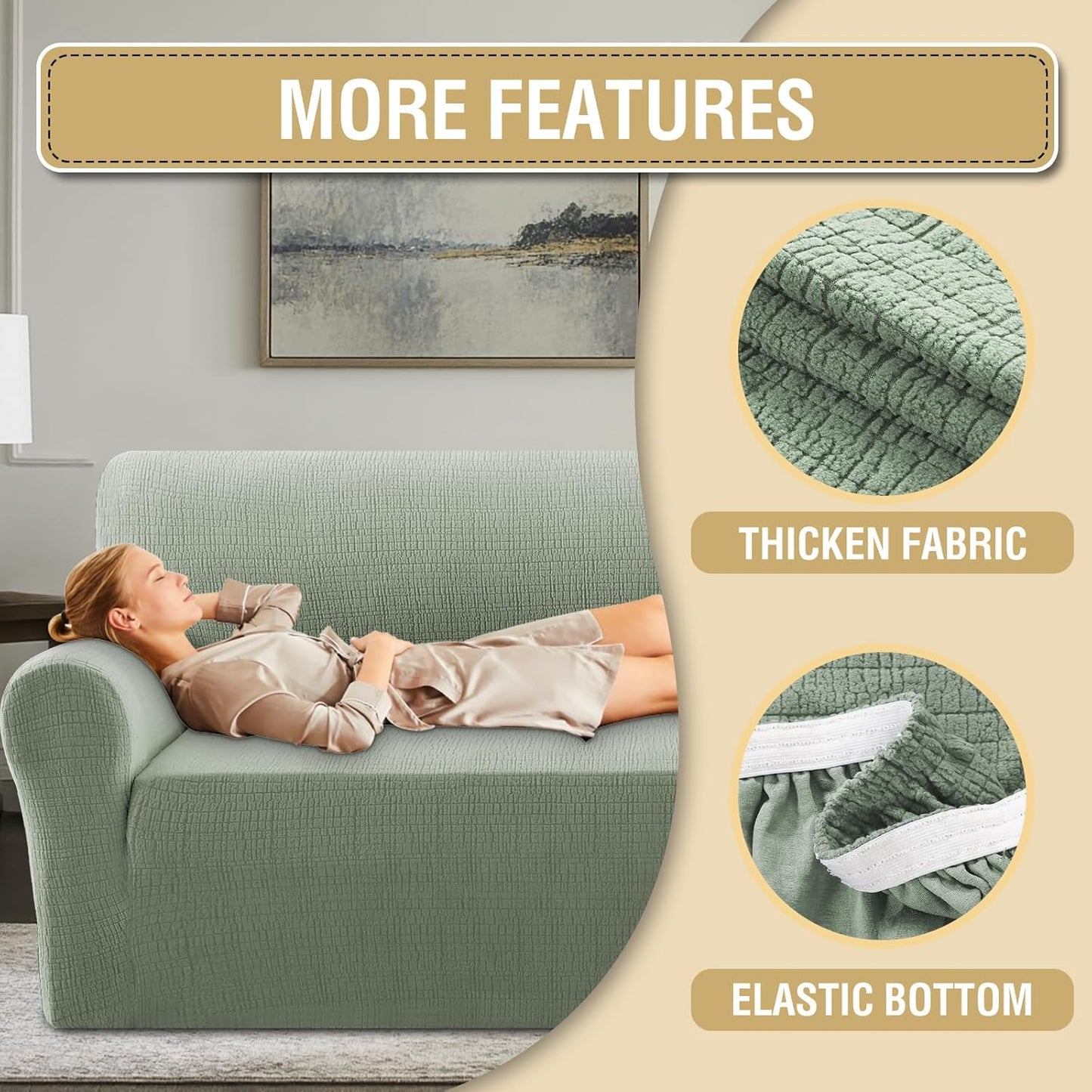 Jacquard Sofa Slipcover with Waterproof Seat Furniture Protector 1 Piece Stretch Covers Elastic Bottom for Kids, Pets, Dog(Armchair, Sea Grass) Grass Armchair