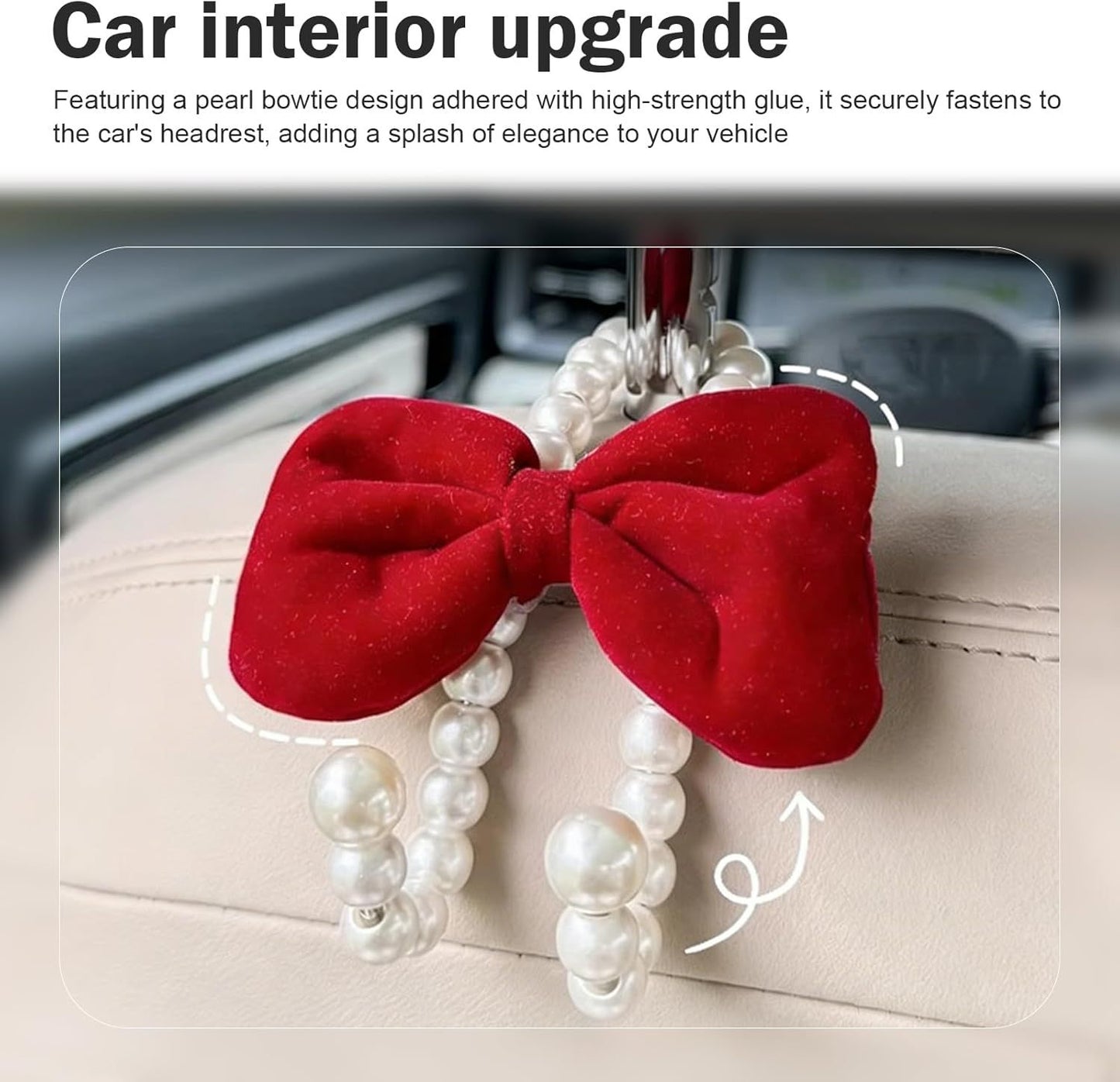 2 PCS Bow Car Headrest Hooks, Fluffy Bow & Elegant Pearl Decorative Hanger, Multifunction Hanging Purse Hook & Phone Stand, Portable Front Seat Organizer for Women Girls (Red)