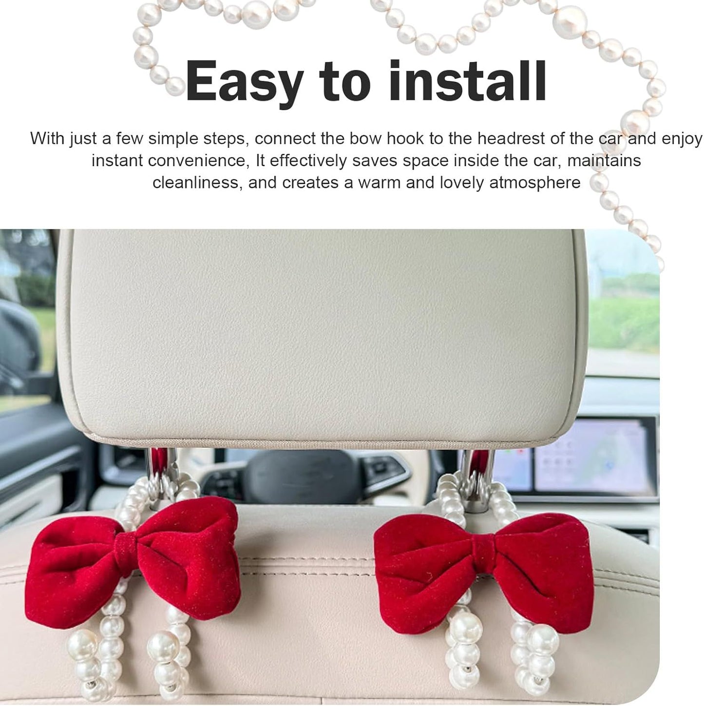 2 PCS Bow Car Headrest Hooks, Fluffy Bow & Elegant Pearl Decorative Hanger, Multifunction Hanging Purse Hook & Phone Stand, Portable Front Seat Organizer for Women Girls (Red)