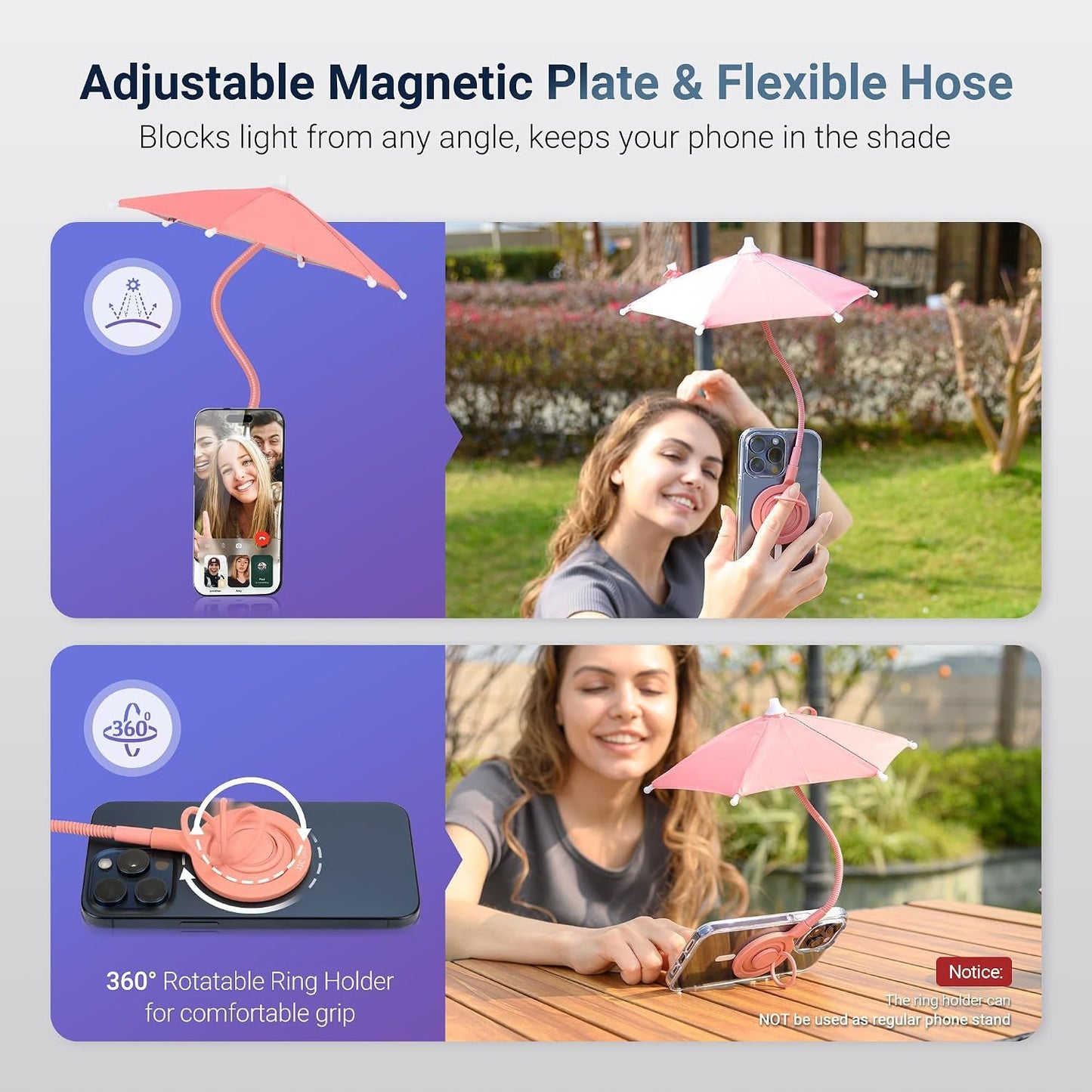Pink+ Yellow：Magnetic Cell Phone Umbrella for Sun,Outdoor Phone Sun Shade Shield